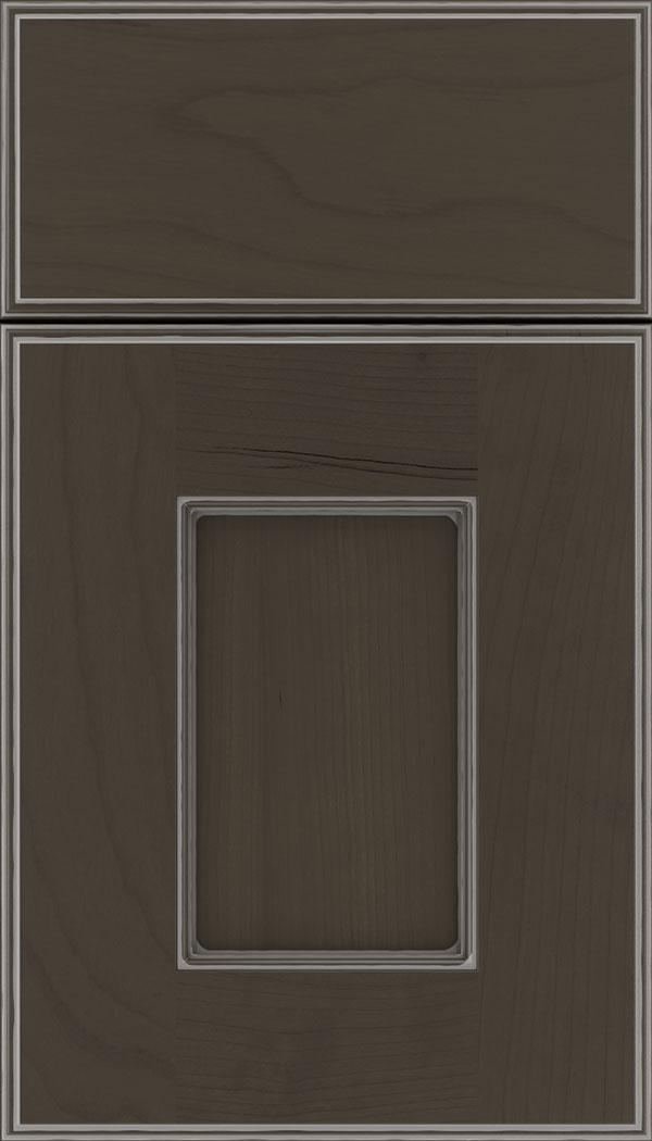 Berkeley Cherry flat panel cabinet door in Thunder with Pewter glaze 
