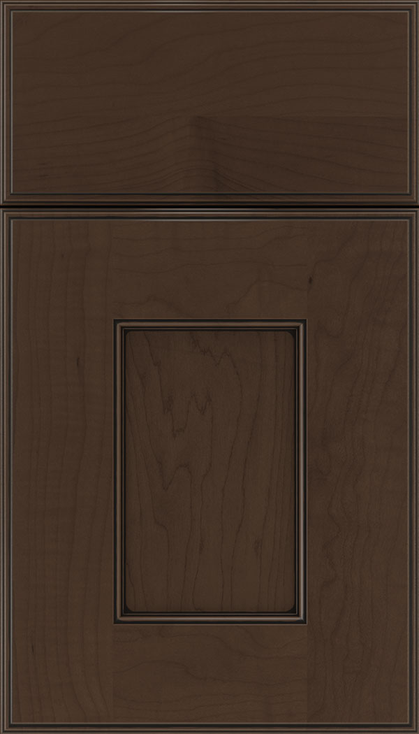 Berkeley Maple flat panel cabinet door in Cappuccino with Black glaze 