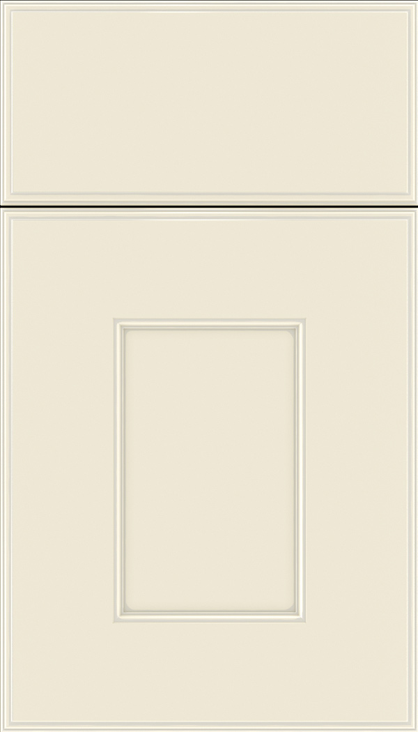 Berkeley Maple flat panel cabinet door in Seashell with Pewter glaze