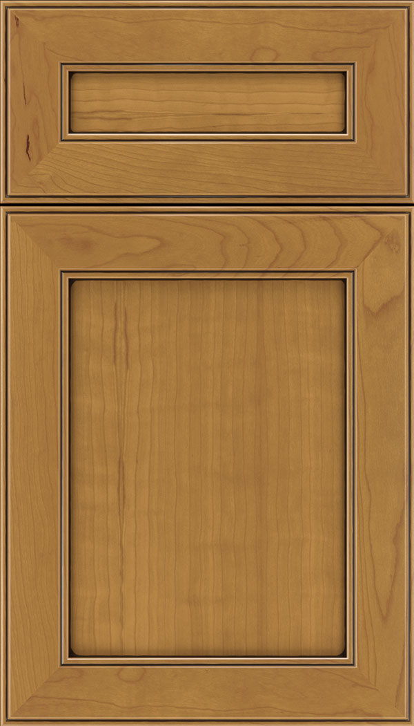 Chelsea 5-Piece Cherry flat panel cabinet door in Ginger with Black glaze
