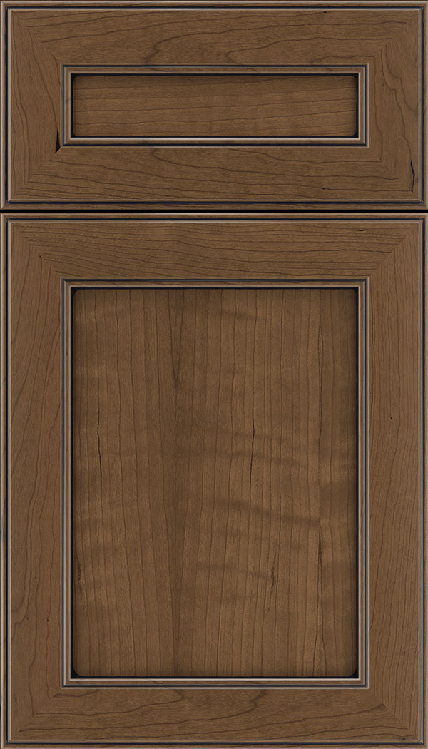 Chelsea 5pc Cherry flat panel cabinet door in Toffee with Black glaze