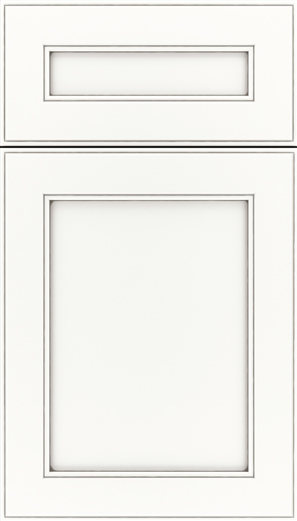 Chelsea 5pc Maple flat panel cabinet door in Whitecap with Pewter glaze
