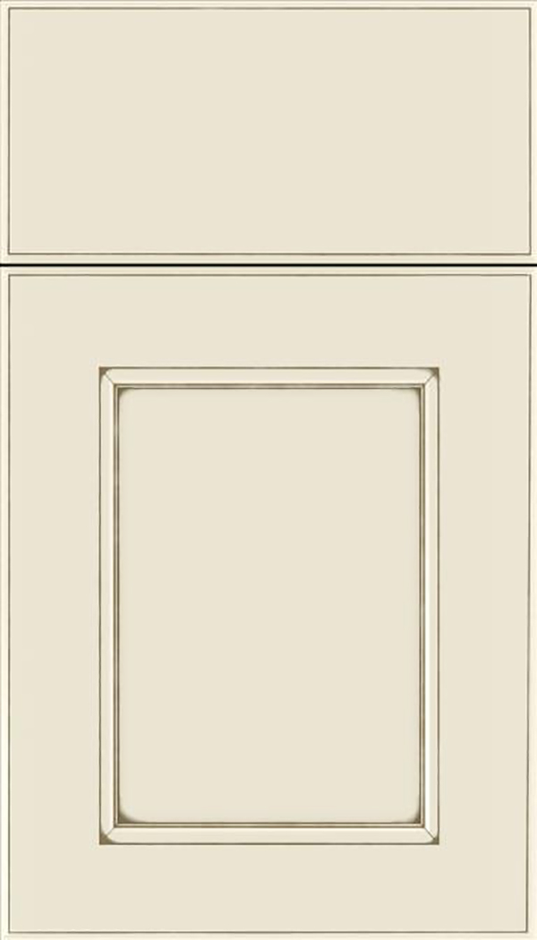 Tamarind Maple shaker cabinet door in Seashell with Smoke glaze