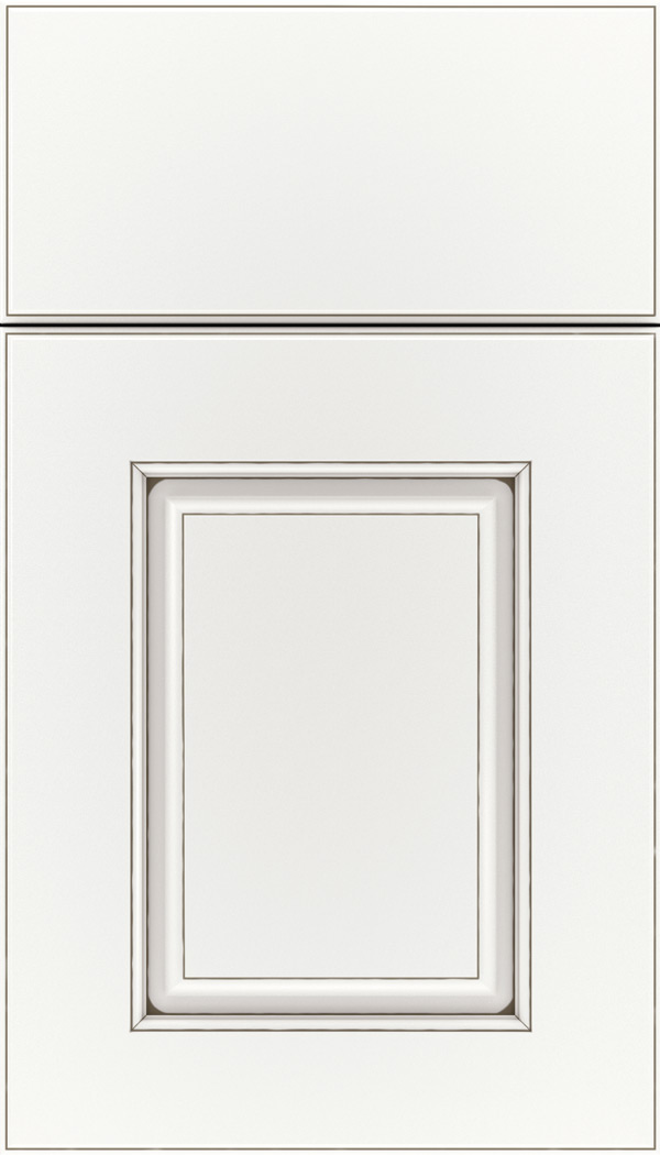 Whittington Maple raised panel cabinet door in Whitecap with Smoke glaze